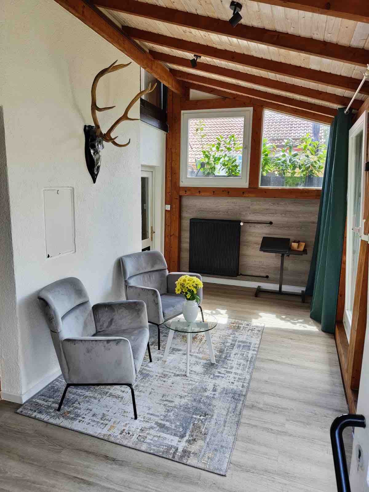 A sunlit corner features two gray armchairs positioned around a small glass table. A decorative area rug covers the wooden floor, and large windows allow natural light to illuminate the space while plants can be seen outside. Ceiling beams add a touch of architectural interest.