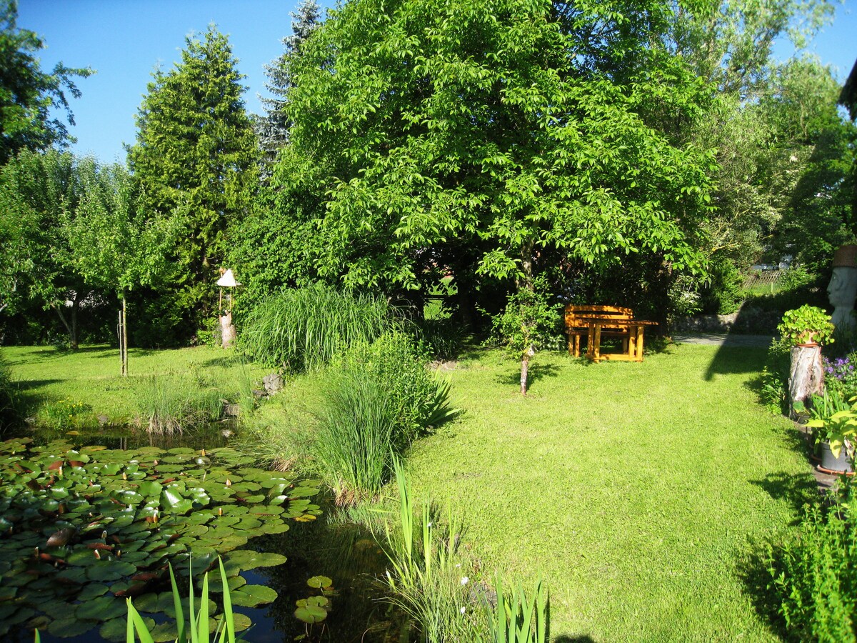 A serene garden space is presented, featuring a small pond with lily pads and lush greenery. A wooden bench is set under a leafy tree, offering a quiet spot for relaxation. The well-maintained lawn displays a variety of plants and shrubs surrounding the pond.
