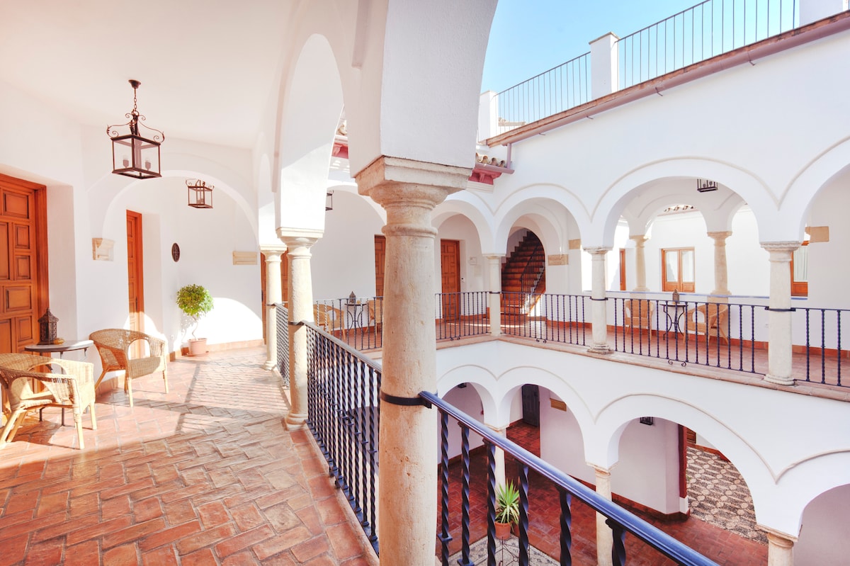 An Andalusian patio is depicted, showcasing traditional architecture with arched columns and an open layout. Dark metal railings define the upper walkway, and terracotta tiles cover the floor. Light streams in, illuminating the space, while a potted plant adds a touch of greenery to the inviting atmosphere.