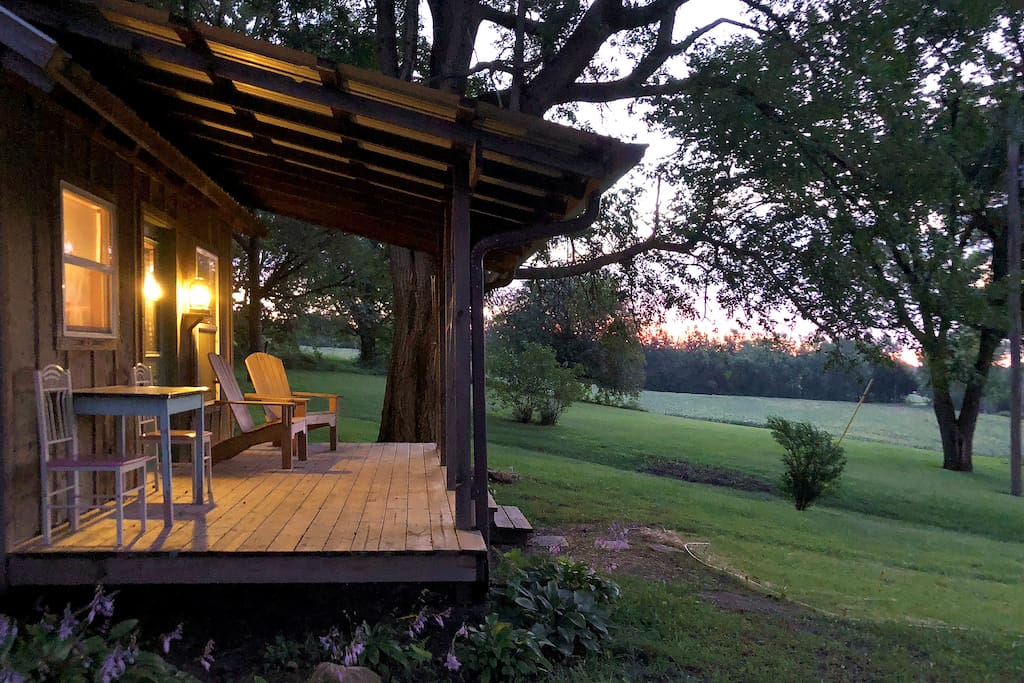 Front porch at twilight.