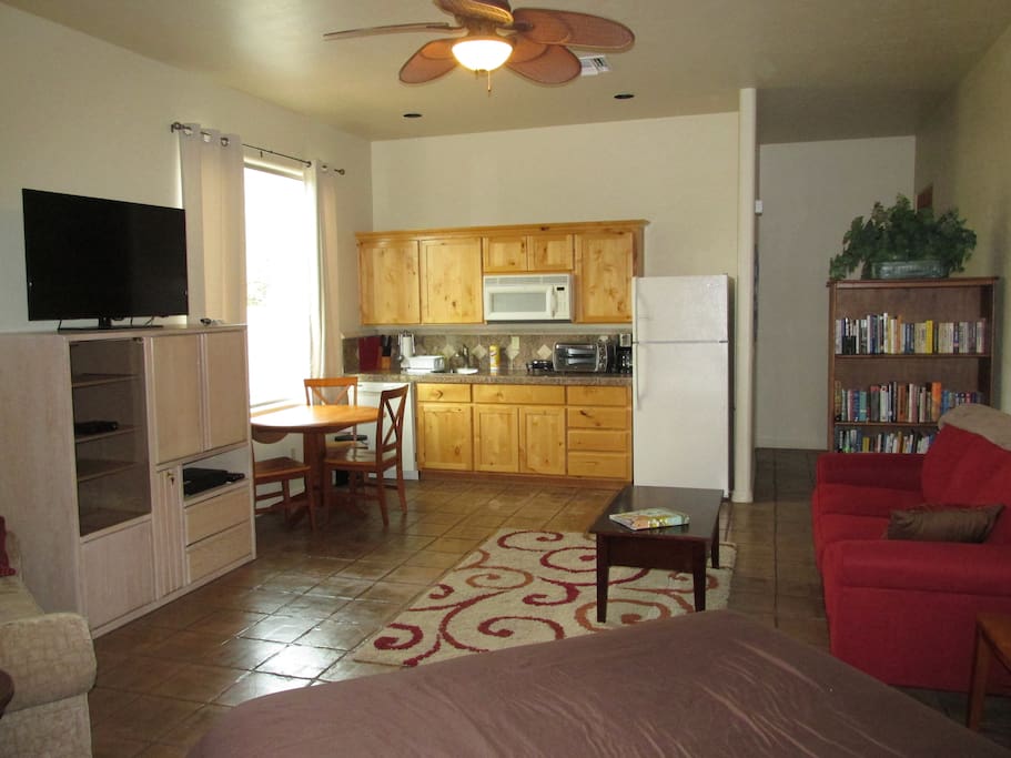 45" Smart TV and wifi including DVD and VHS library. Kitchenette with dishwasher, microwave, refrigerator and convection/toaster oven.