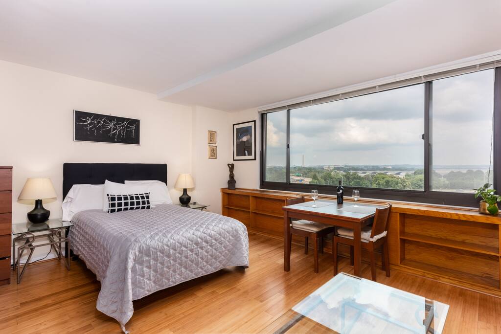 Gleaming bamboo hardwood floors, built-in bookcases.