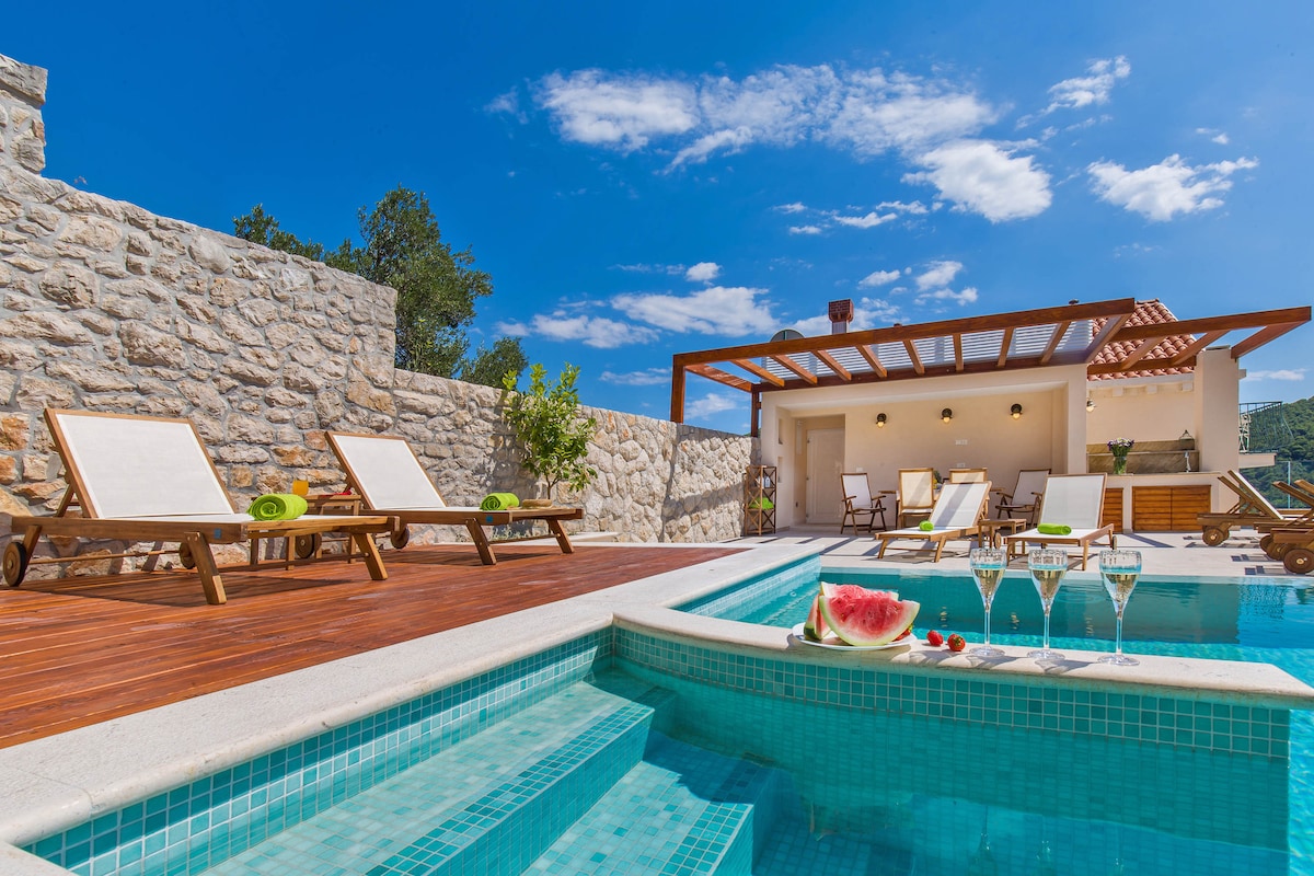 An infinity swimming pool is surrounded by a wooden deck featuring several lounge chairs. A shaded seating area with a table and chairs can be seen behind the pool. Bright blue skies and scattered clouds provide a vibrant backdrop.
