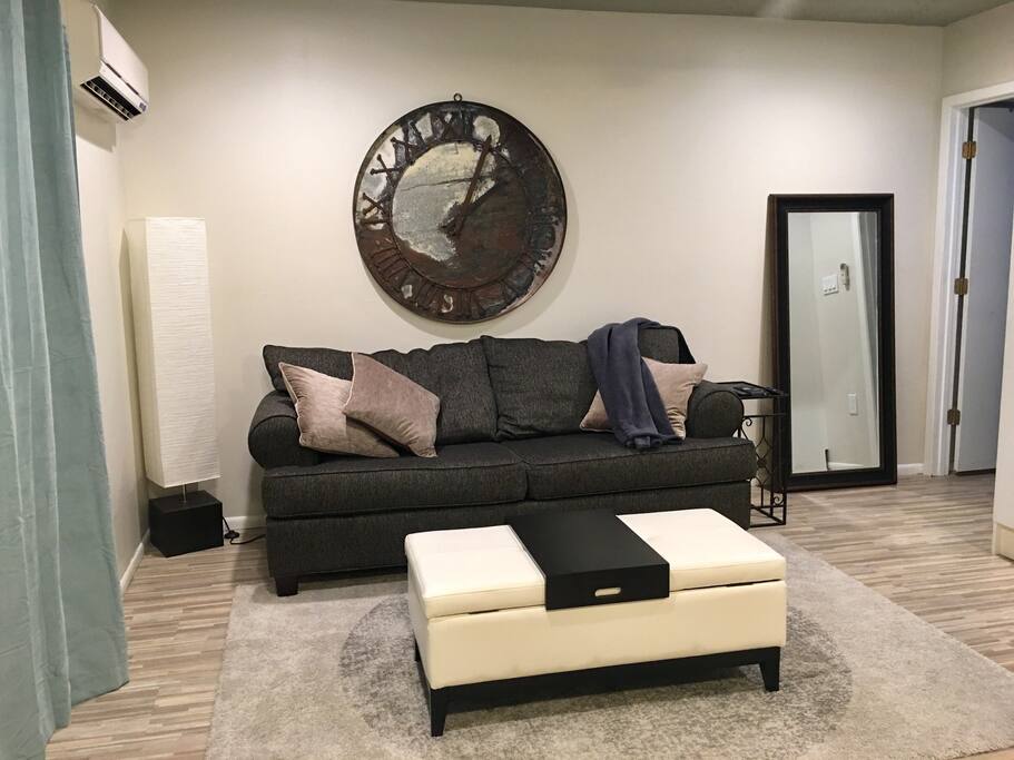 Comfortable pull-out couch, creates an option for casual lounging or a comfortable place to sleep.