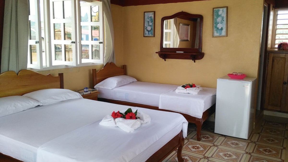 A well-lit bedroom features two beds, one spacious and one smaller, dressed in white linens. A mirror and two framed artworks adorn the walls. A small refrigerator is positioned beside the smaller bed, and natural light enters through a large window with light curtains.