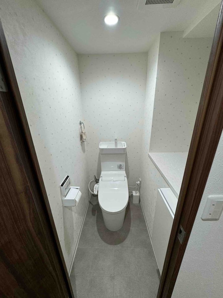 上部にハンドウォッシュエリア付きトイレ、冬用暖房便座オプション付きビデ。 