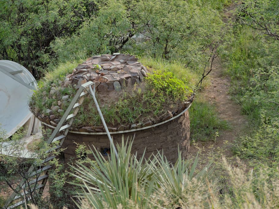 Top of the Tiny Round Adobe House with its living roof