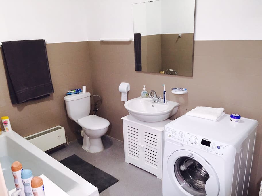 Salle de bain comprenant WC et machine à laver