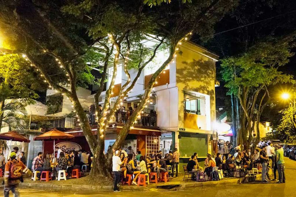 "El social"down the street about 400 mts away, great for grabbing a beer and enjoy the local life, down the street.