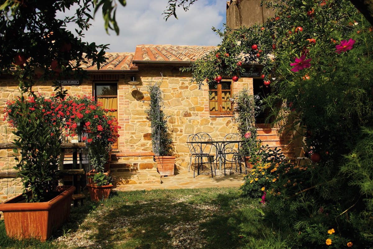 A charming outdoor area is seen, featuring a stone wall structure with wooden window frames. Potted plants adorned with vibrant flowers add color, while a small, circular table with four chairs is positioned on the stone patio. Lush greenery surrounds the space, creating a serene atmosphere.