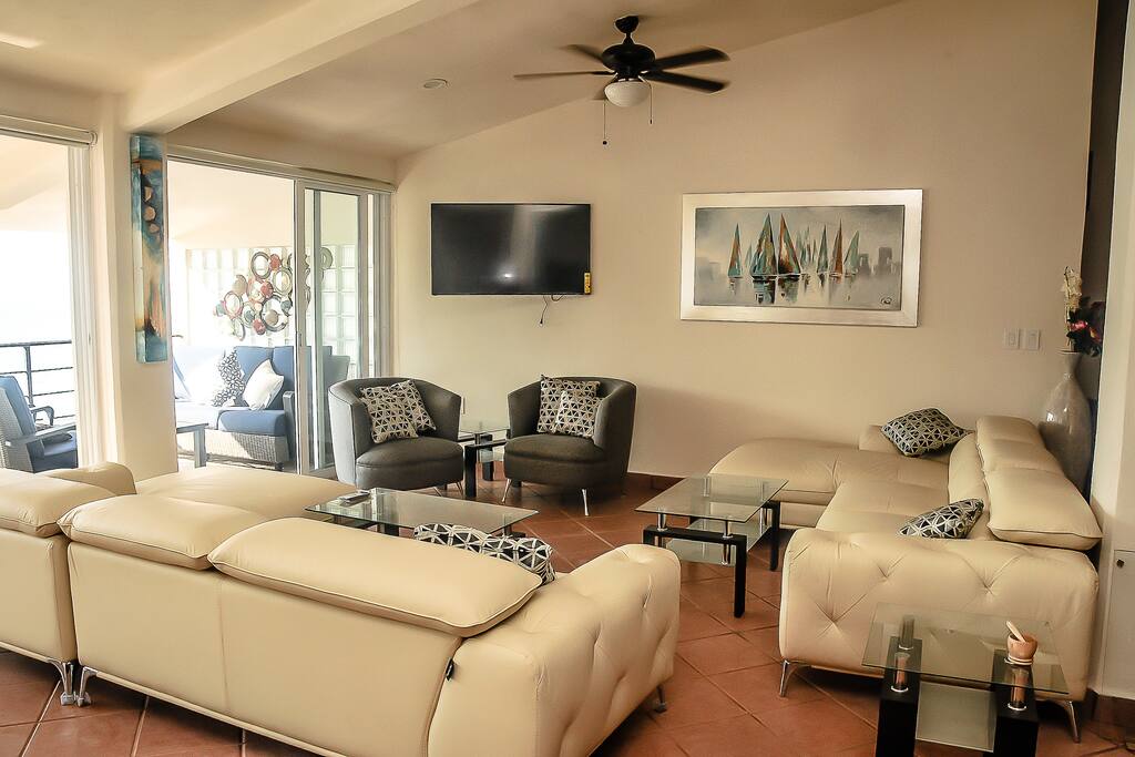 White Leather Ocean Living Room with 50" TV