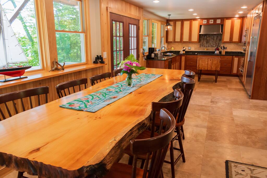 The kitchen opens into the dining area.