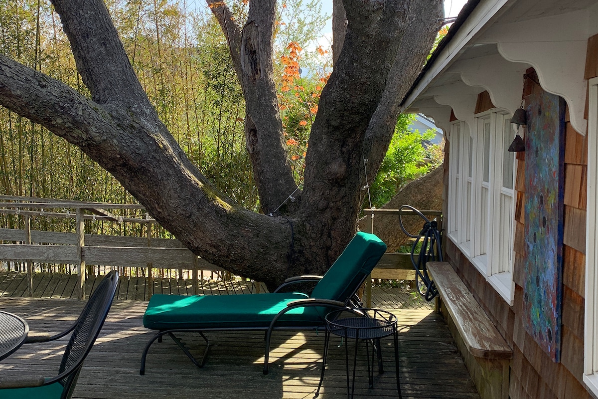 A spacious wooden deck features a lounge chair in green fabric, positioned under the shade of a large tree. Bamboo borders the area, enhancing the natural surroundings. A small table and additional seating can be seen nearby, creating a cozy outdoor retreat.