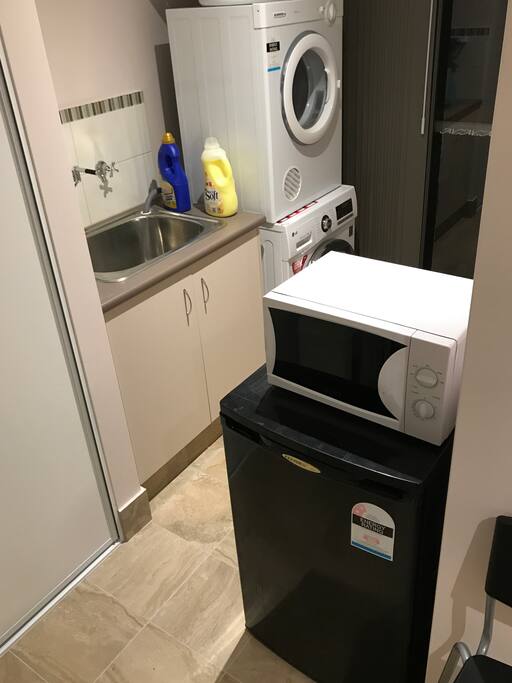 fridge, microwave, washing machine and dryer