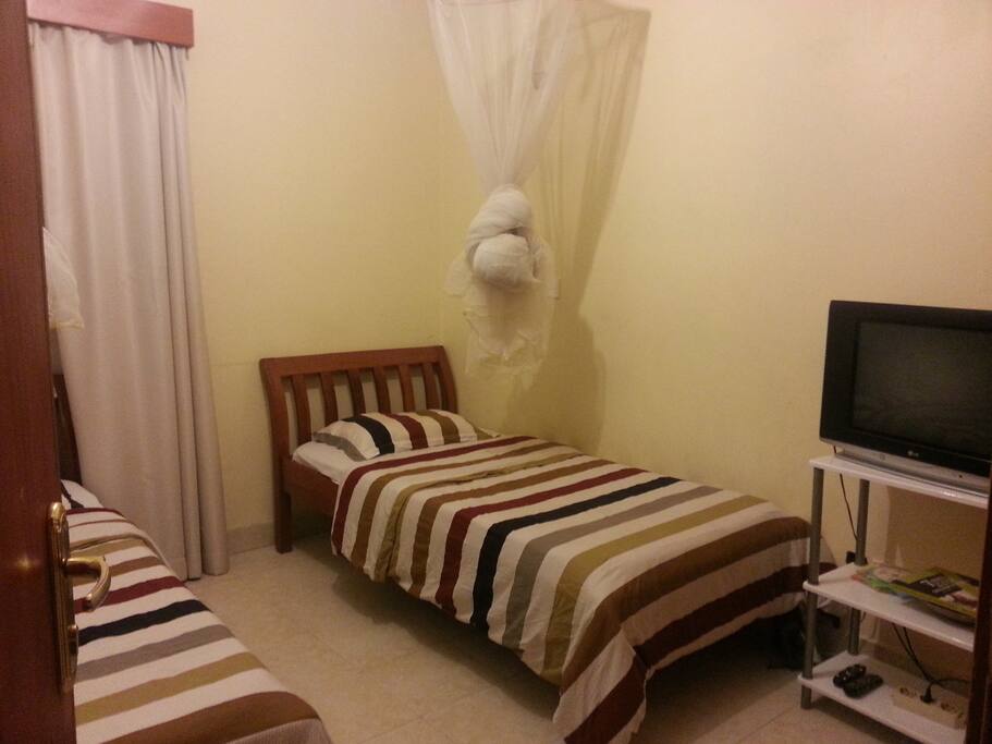 An angle view of the bedroom space