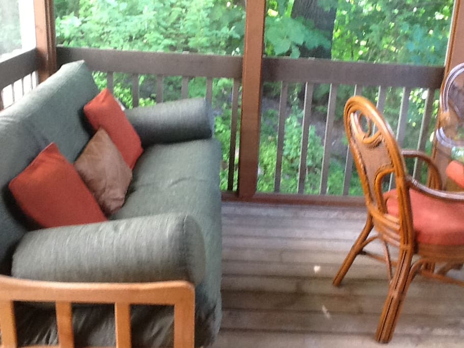 Screened in porch with cozy futon