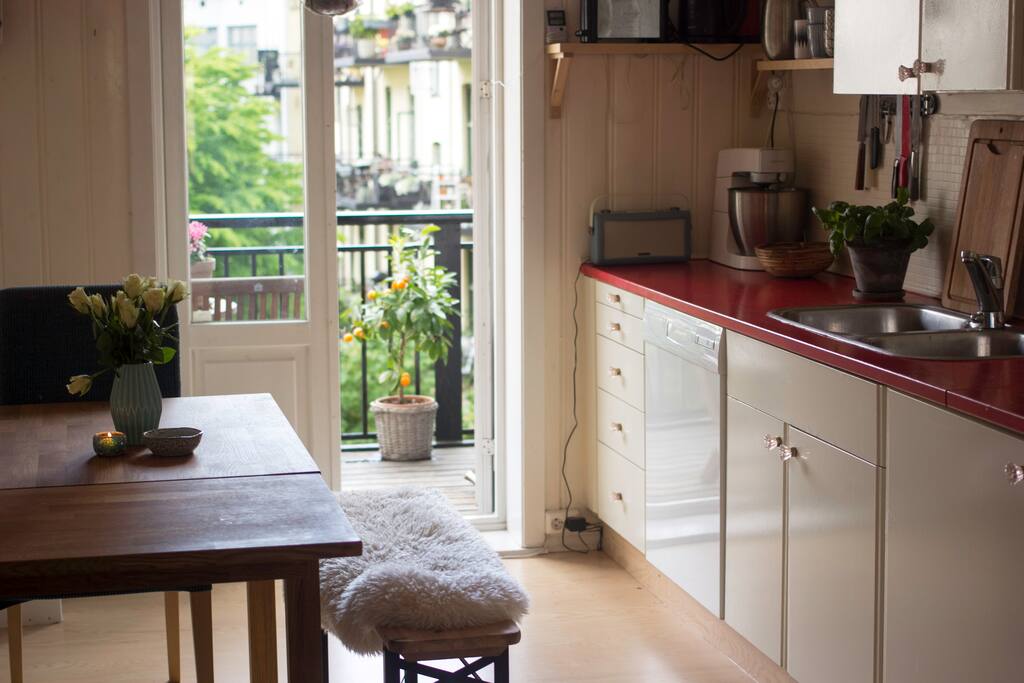 Cozy retro kitchen with balcony.