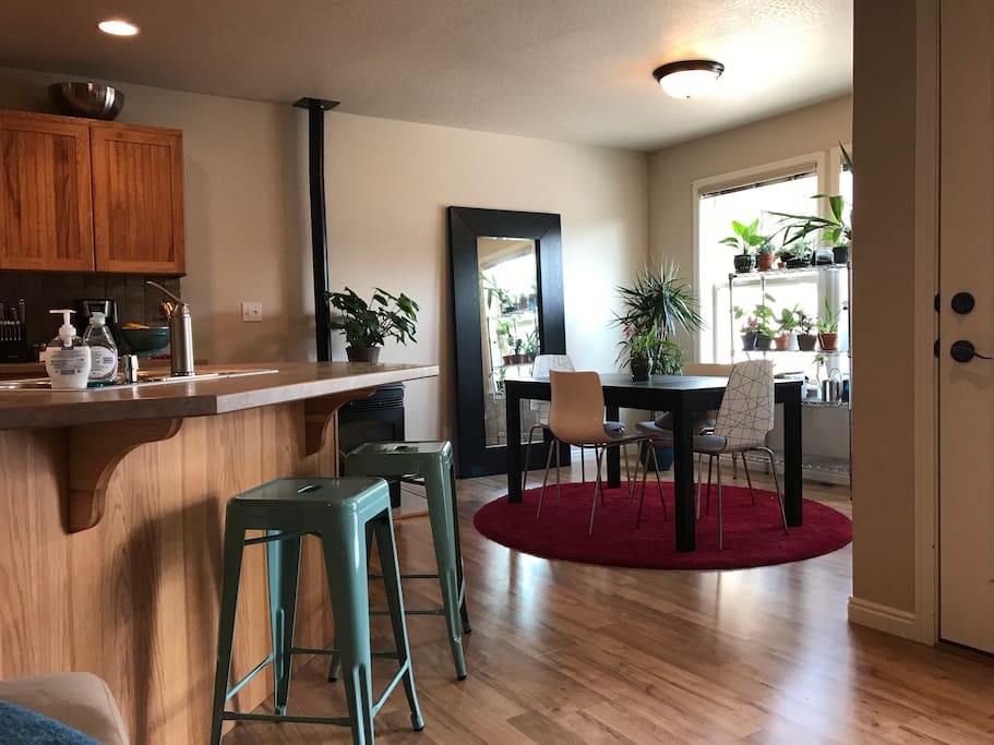 The kitchen and dining room are very open. The table can expand to sit 6 comfortably.