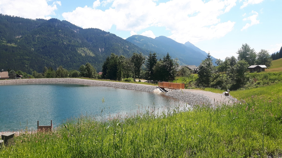 A serene landscape is depicted with a clear body of water surrounded by lush green grass and trees. Majestic mountains rise in the background under a blue sky with scattered clouds. A wooden bridge leads across the water, adding an element of accessibility to the natural setting.
