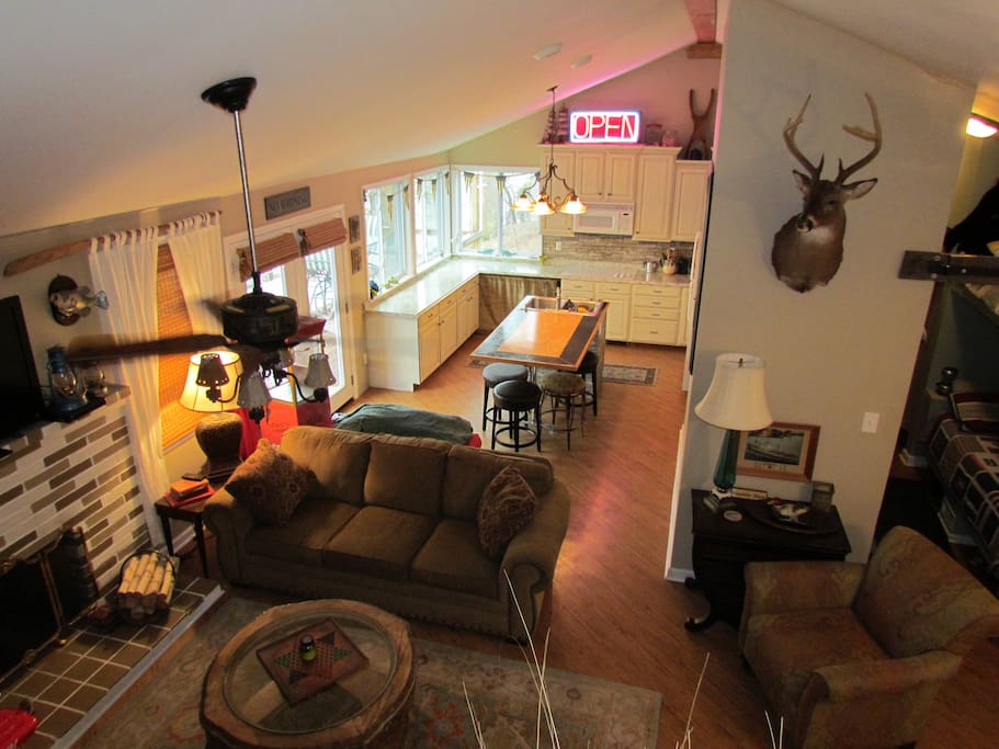 View over looking living room and kitchen.