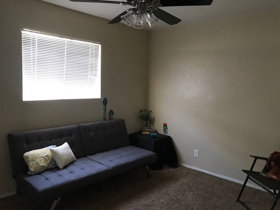 Futon. Will provide adequate pillows and blankets. Also have a inflatable mattress as a backup if needed.