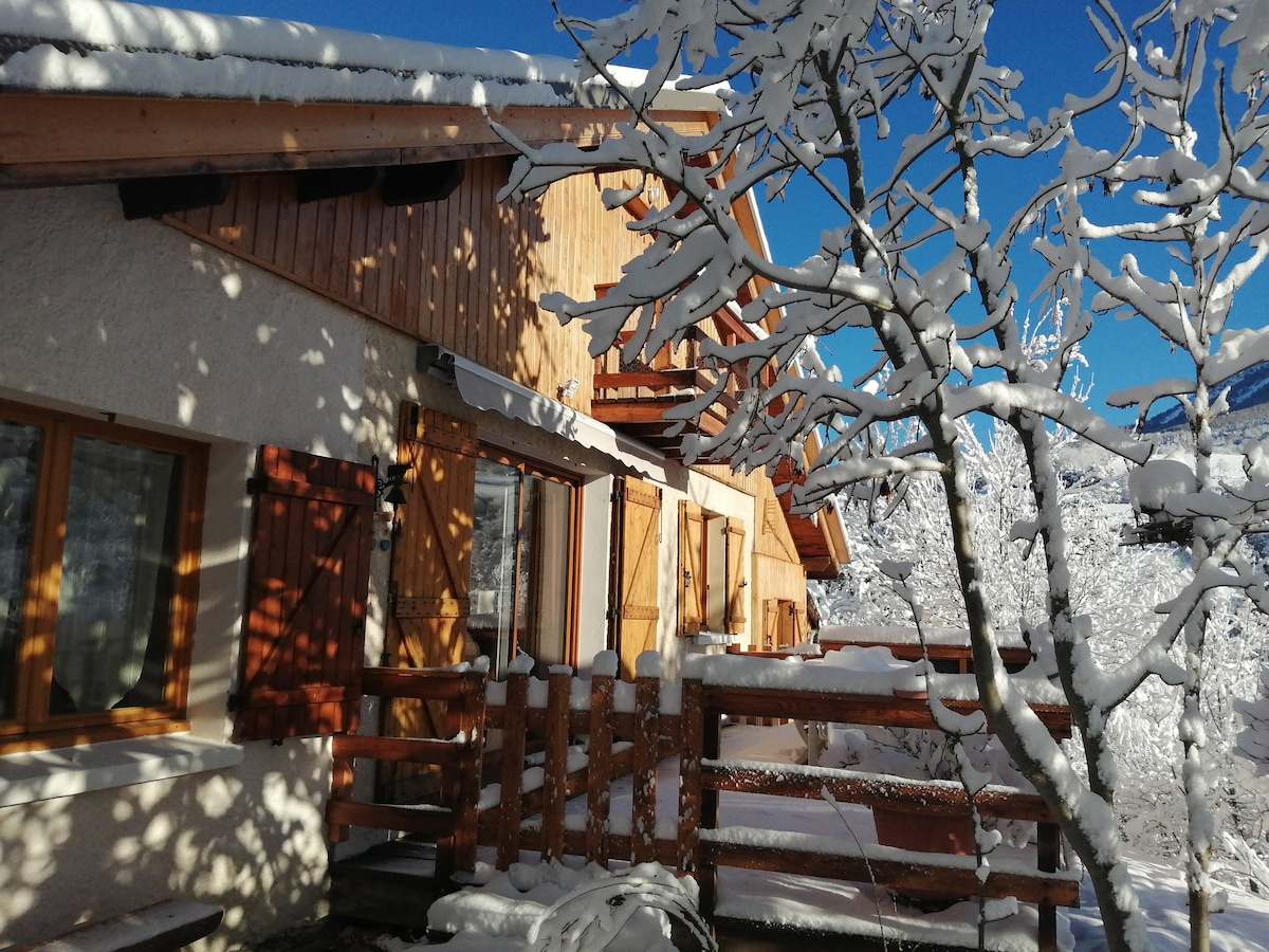 The chalet stands surrounded by a winter landscape, blanketed in fresh snow. Snow-covered trees frame the wooden structure, which features large windows and a wooden balcony. The blue sky above contrasts with the white surroundings, creating a serene alpine scene.
