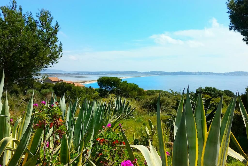 Aperçu du parc de 3 hectares de la résidence avec vue sur la Route du Sel et la Presqu'île de Giens