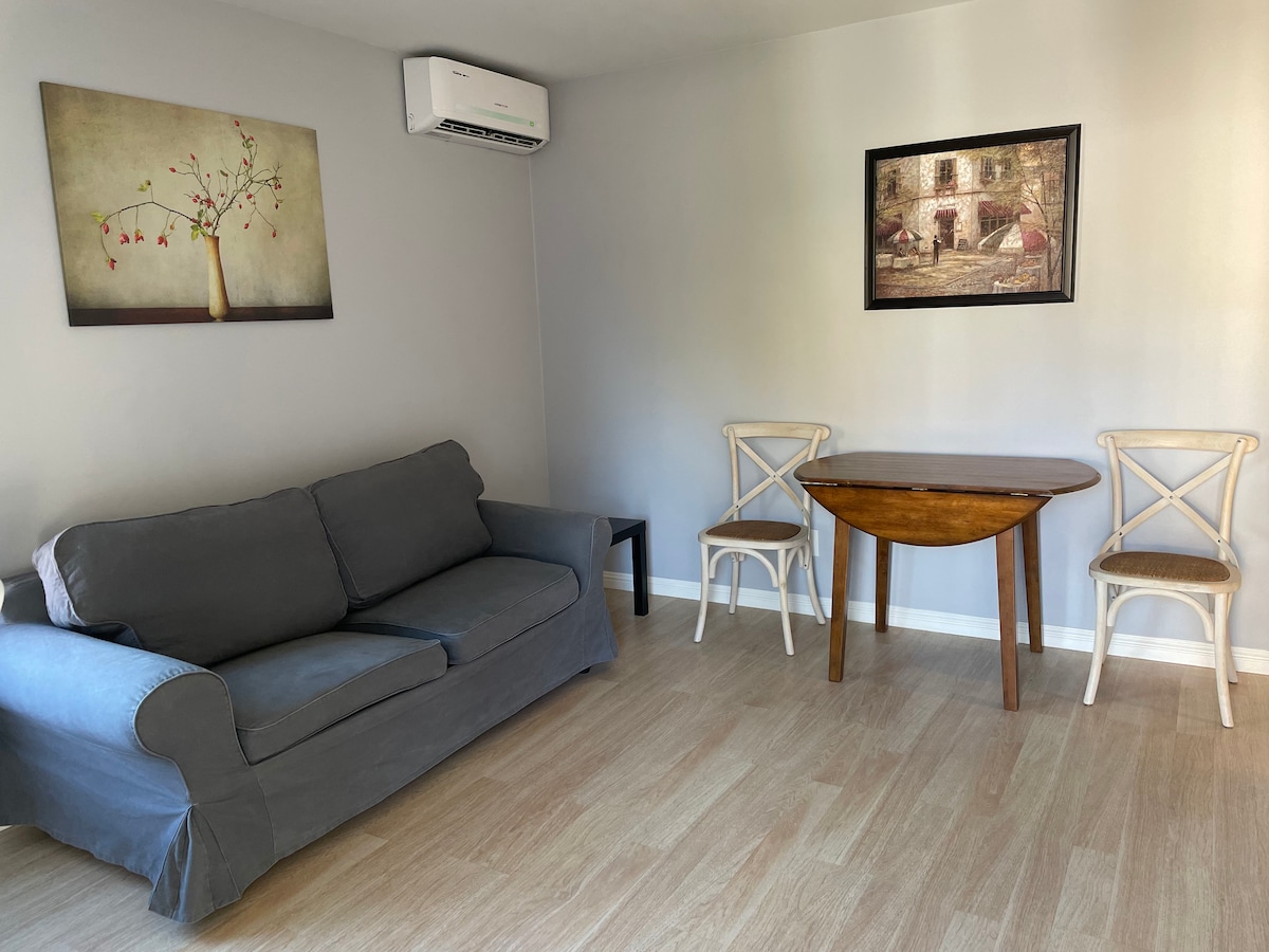 A light-filled living area features a comfortable gray sofa and a small wooden dining table accompanied by two white chairs. A floral artwork adorns the wall, while an air conditioning unit is mounted above the sofa, providing a modern touch.