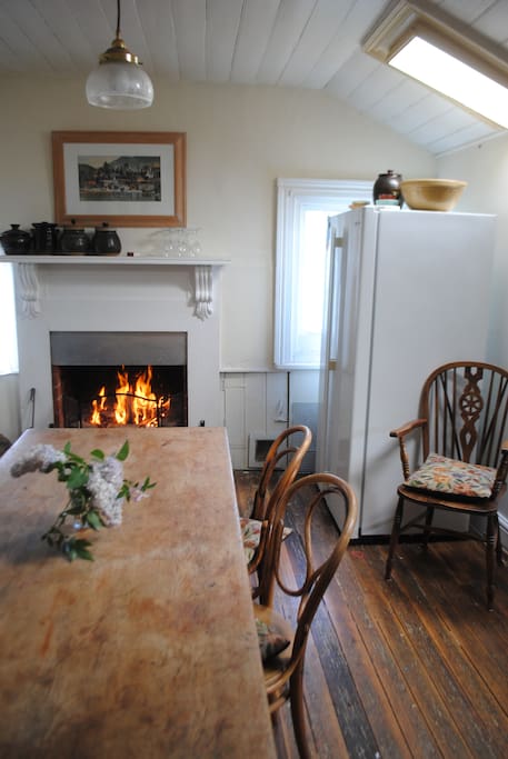 Open fireplace.