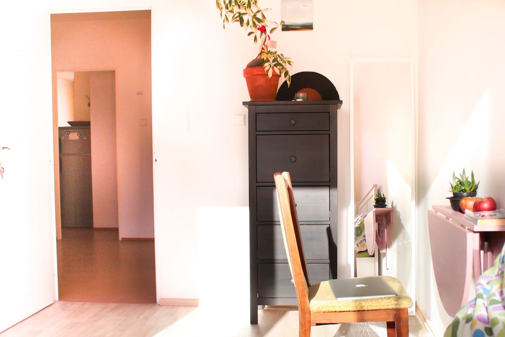 Your room features big wardrobe, 180 cm high mirror and convenient foldable work desk