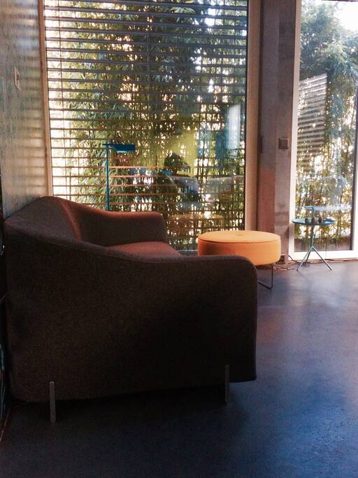 Relax on the Ligne Roset sofa and kick up your heels after a long day at the fair. The lounge also has a wide screen LED TV with Netflix.