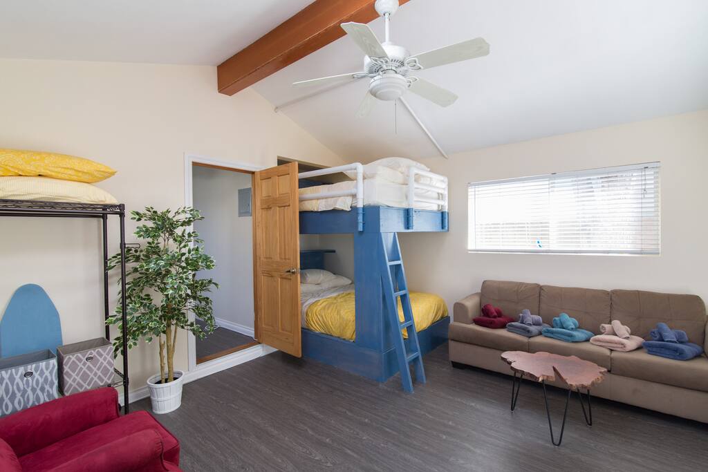 Queen over queen bunk beds, updated Summer 2016 with soft fabric wrapping
