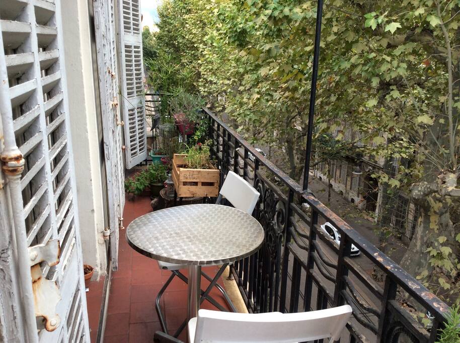 Le balcon plein sud mais ombragé grâce aux platanes