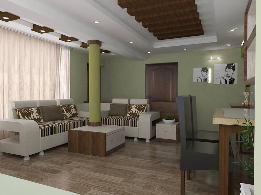 Living room connected to open kitchen.