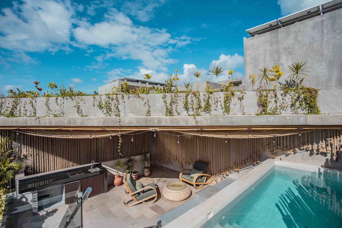 A private rooftop features a tranquil pool surrounded by greenery and stone accents. Elegant lounge chairs are placed near the water, along with a circular stone table. Bright blue skies and scattered clouds enhance the serene atmosphere of the space.