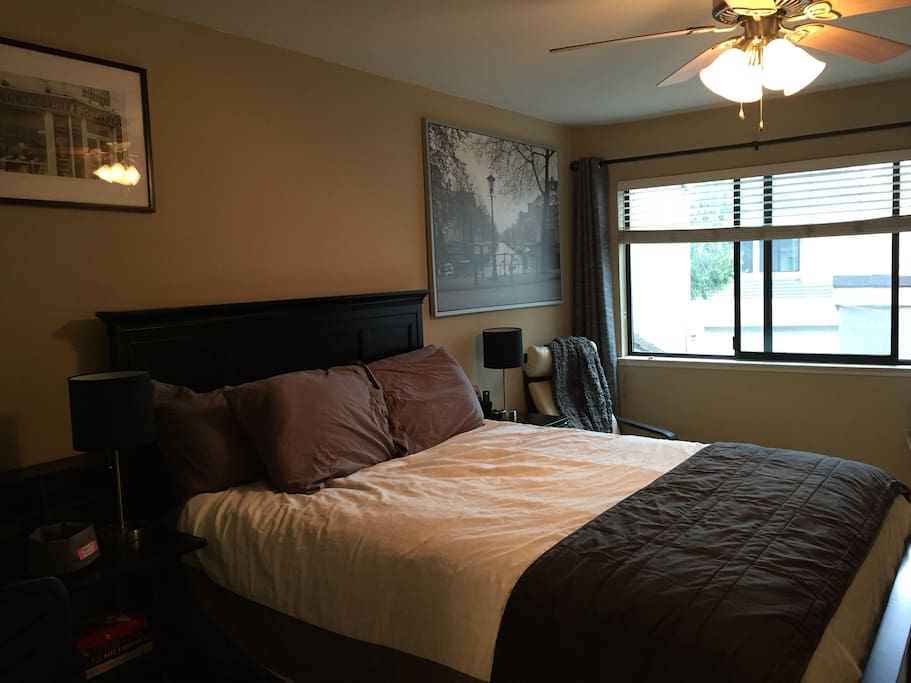 Large window lets in natural light. 43'' Internet accessible TV with DirecTV cable and a DVD player.