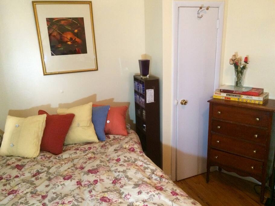 Another view of your bedroom. Plenty of room for your clothes in chest of drawers, armoire and closet. Super quiet, comfy and cool.