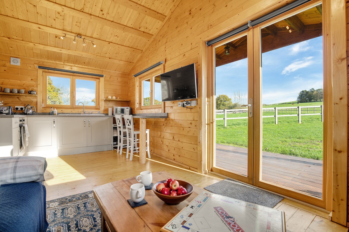 A bright interior is showcased with wooden walls and a vaulted ceiling. Glass sliding doors open to a scenic view of the fields. A compact kitchen area is equipped with modern appliances, while a dining space features high stools. A cozy living area includes a coffee table with snacks.