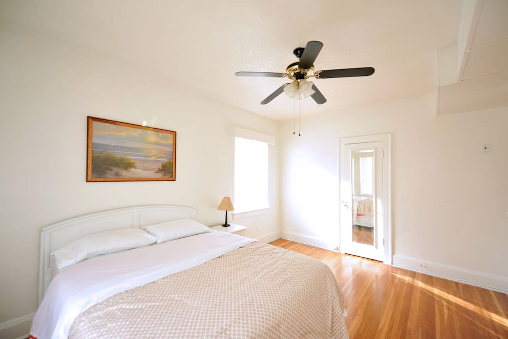 Bedroom with queen sized bed with a very comfortable pillow top mattress.