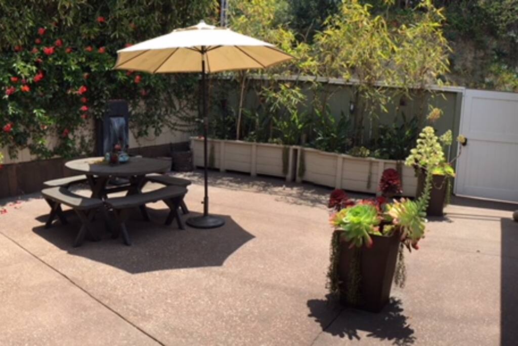 Sunny courtyard with soothing fountain