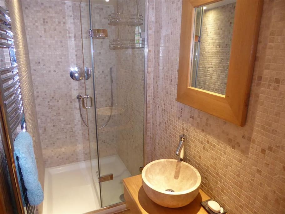 The bedroom has an ensuite bathroom with shower, basin and loo