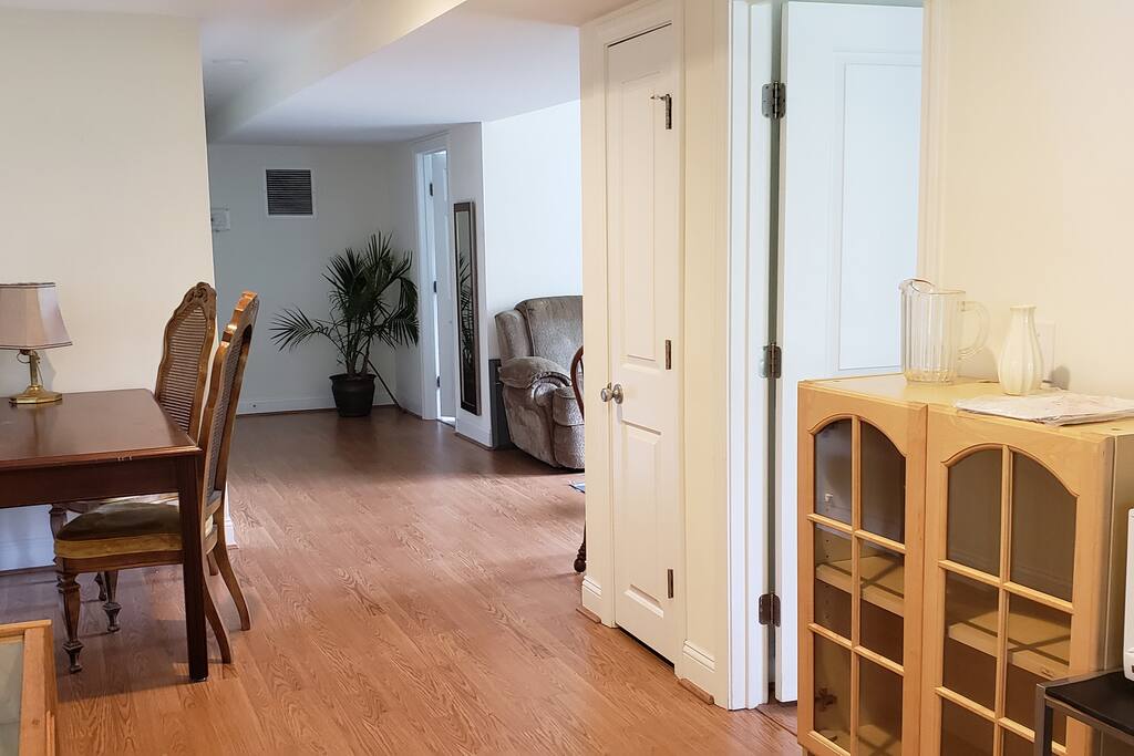 View from the entrance.light filled with view of the living area. Kitchen by the front door, bathroom opposite the plant.