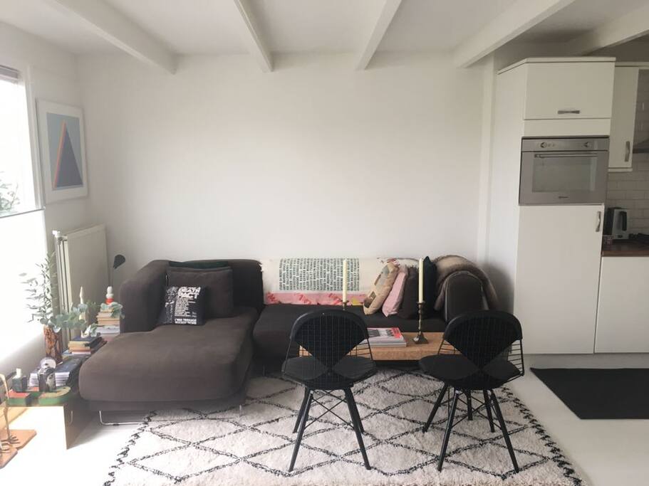 Kitchen and living room.
