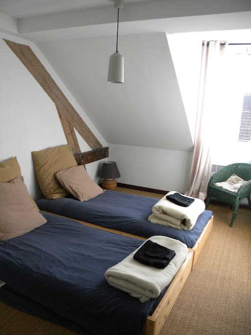 Chambre deux lits sous les toits en plein centre-ville.