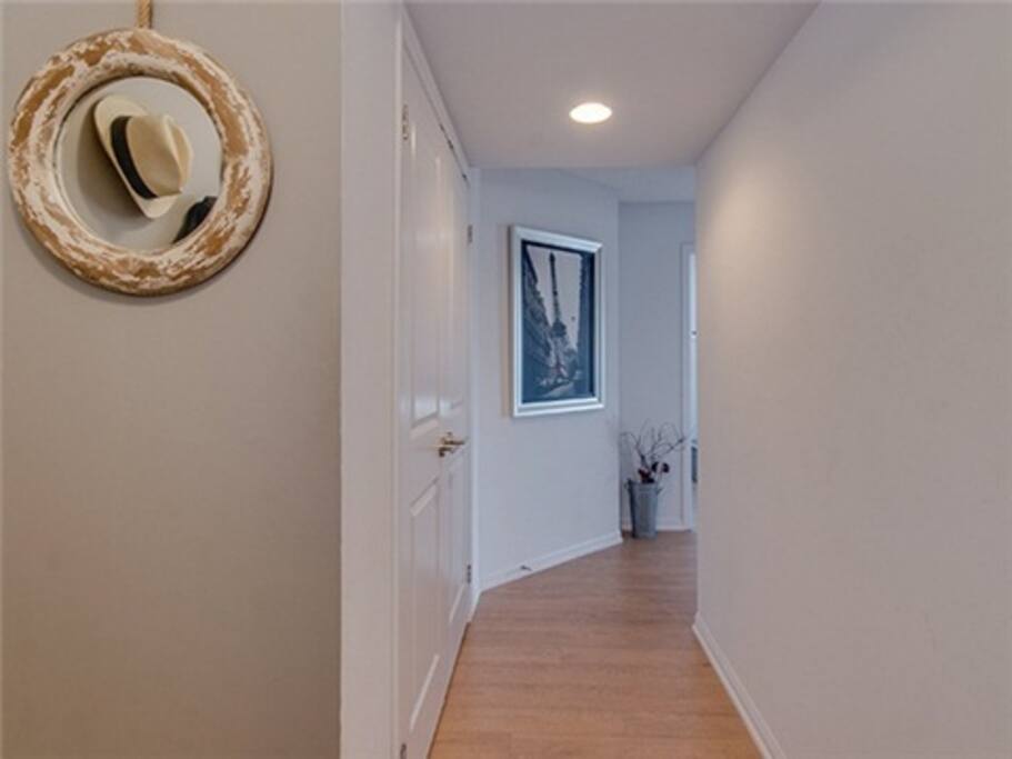 Front entrance, closet to your left.