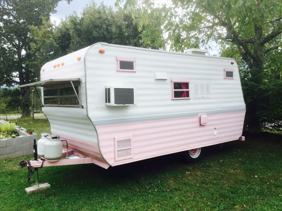 Back view. Pinky sits in our front side yard. (The road is on the other side of the bushes). Raised garden beds to the left of your front door.