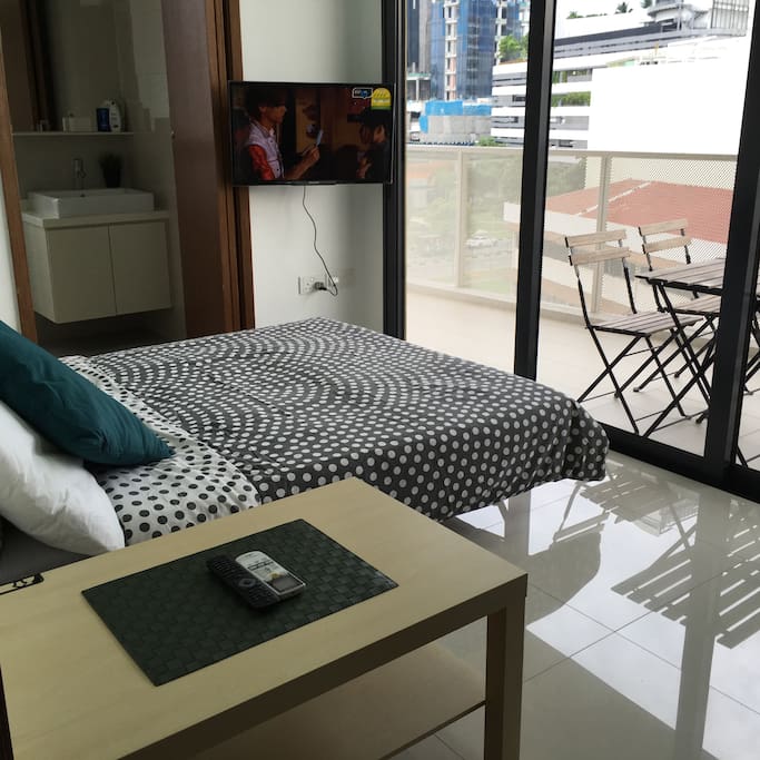 Double bed, coffee table, TV, large balcony, leisure furniture