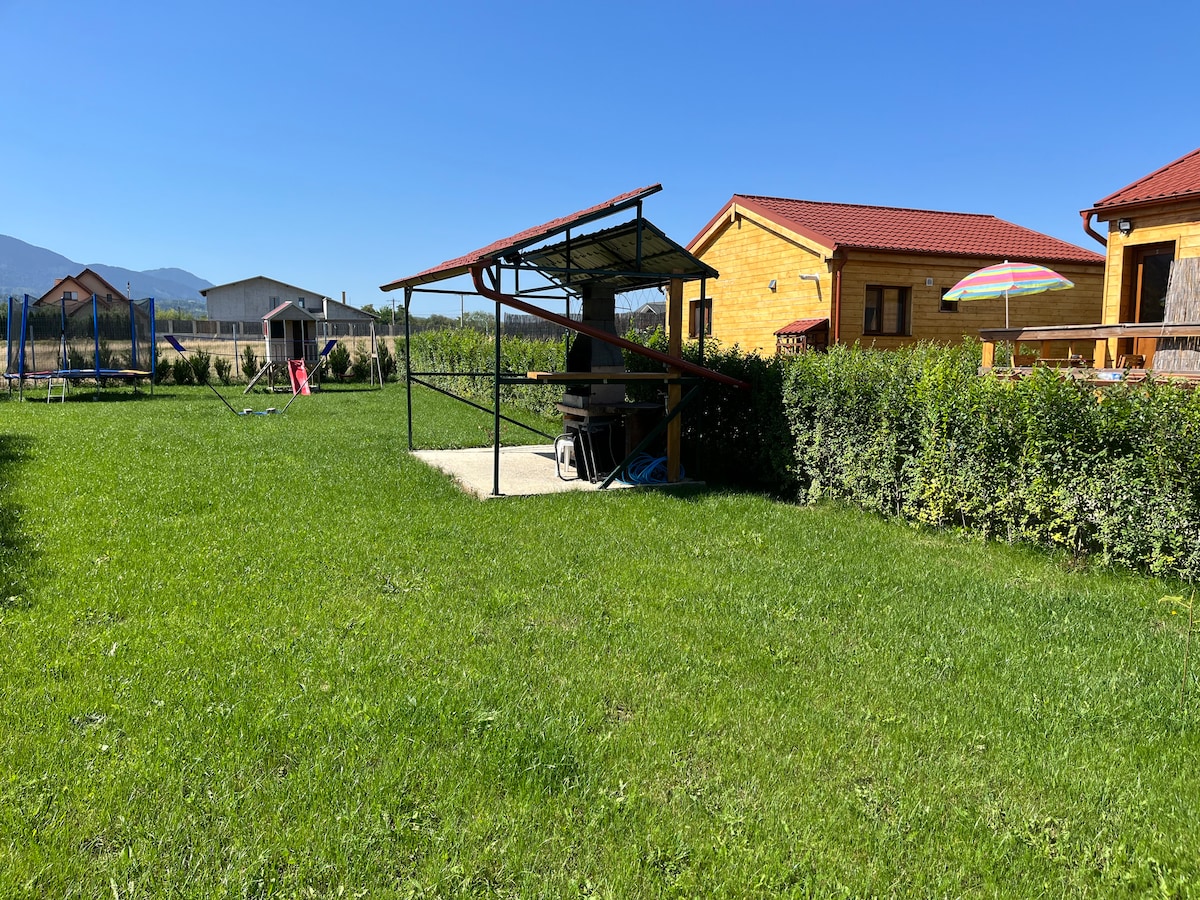 A spacious outdoor area features a well-maintained lawn surrounded by low hedges. A shaded patio with seating is visible, ideal for gatherings. Nearby, colorful umbrellas provide shade, and a playground structure is present in the background, enhancing the recreational appeal.