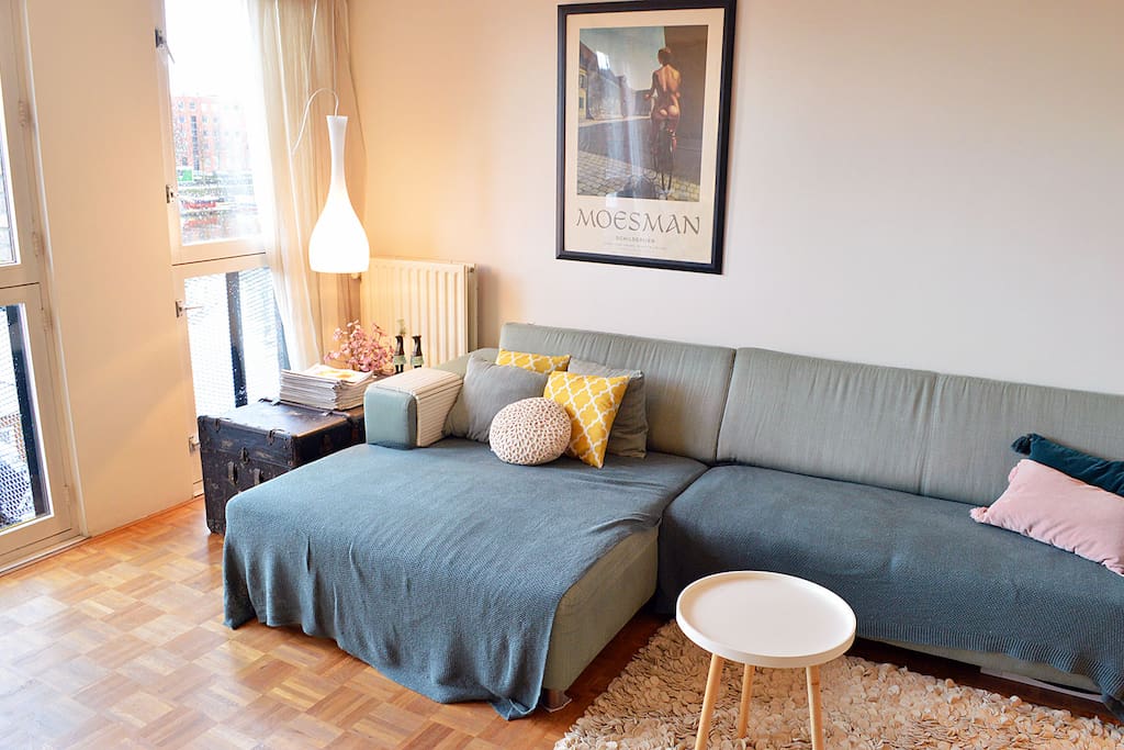 This couch is great to sit on after a lovely day of exploring the city