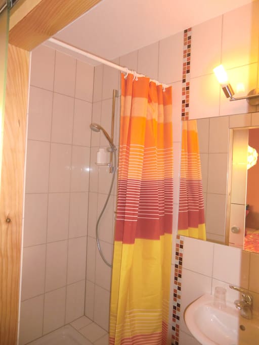 Dusche Toilette und Waschbecken